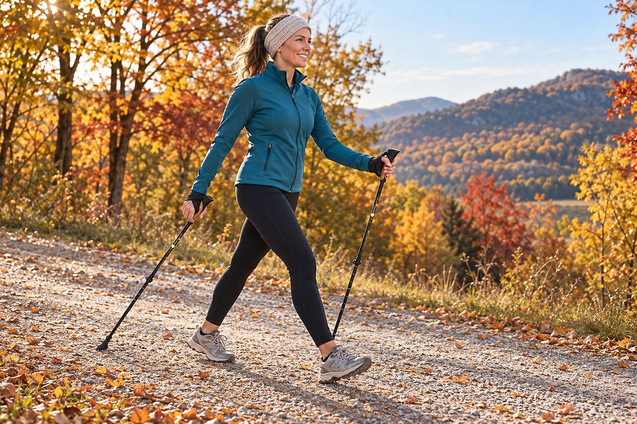 Nordic walking ősszel: botokkal a színes avarban, lendületes kardió a friss levegőn