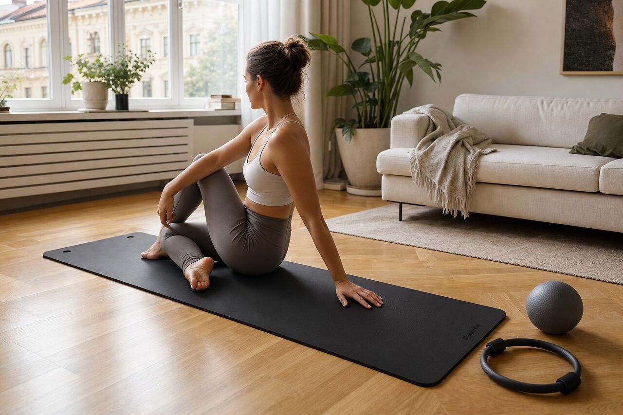 Otthoni pilates kellékekkel: szőnyeg, labda, henger és karika a nappaliban