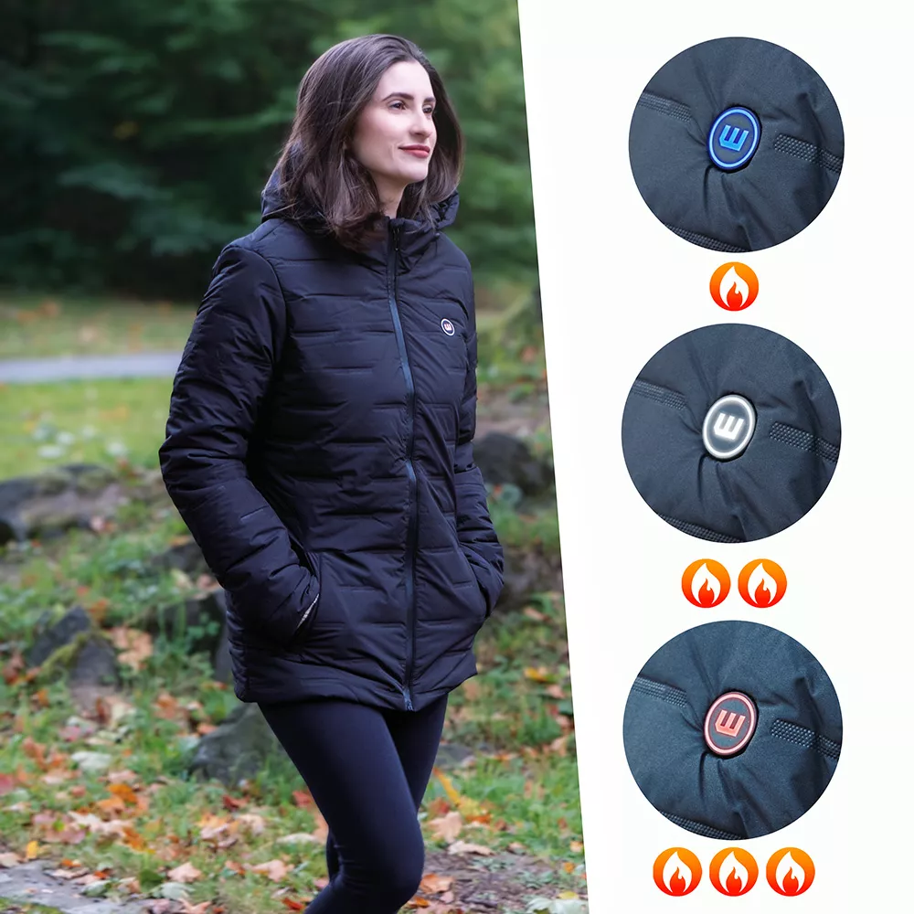 Sötétkék, steppelt W-TEC HEATborg Lady női fűthető kabát egy őszi parkban