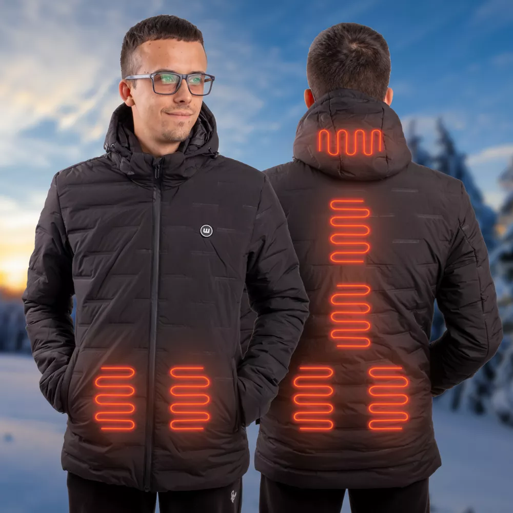 Fekete W-TEC HEATborg férfi fűthető kabát elölről és hátulról, világító fűtőzónákkal