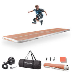 Airtrack tornaszőnyeg inSPORTline Airstunt 500x100x10 cm mocha mousse elektromos pumpával, erős és rugalmas anyag, megerősített varratokkal