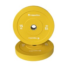 Gumírozott súlytárcsa inSPORTline Bumper Plate Go 15 kg 50 mm, minőségi kivitelezés, vonzó színkialakítás, kopásálló, tartós ütköző gumi