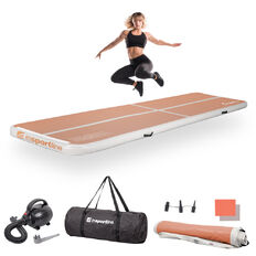 Airtrack tornaszőnyeg inSPORTline Airstunt 400x100x10 cm mocha mousse elektromos pumpával, erős és rugalmas anyag, megerősített varratokkal