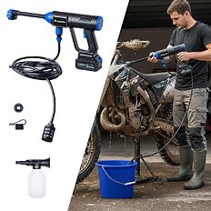 Akkus mosópisztoly inSPORTline Esedera, nagy teljesítményű motor, erős nyomás, multifunkciós fúvóka, nyomásbeállítás LED-es érintőképernyőn