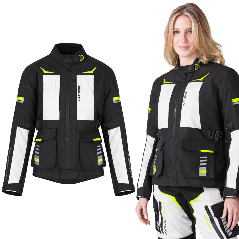 Női motoros kabát W-TEC Warao Lady, neoprén gallér szegély, AirVent System, vízálló és légáteresztő, kivehető belső hőszigetelő bélés fekete-fluo