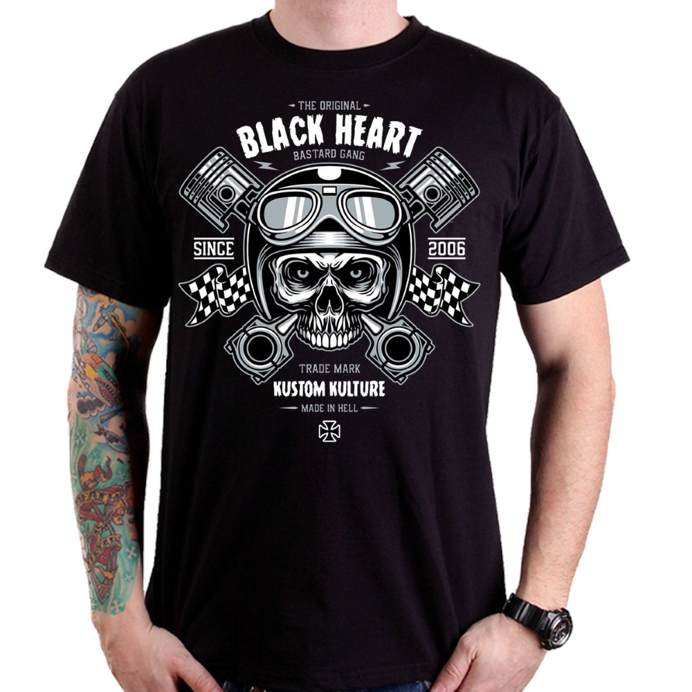 Póló BLACK HEART Piston Skull fekete XXL