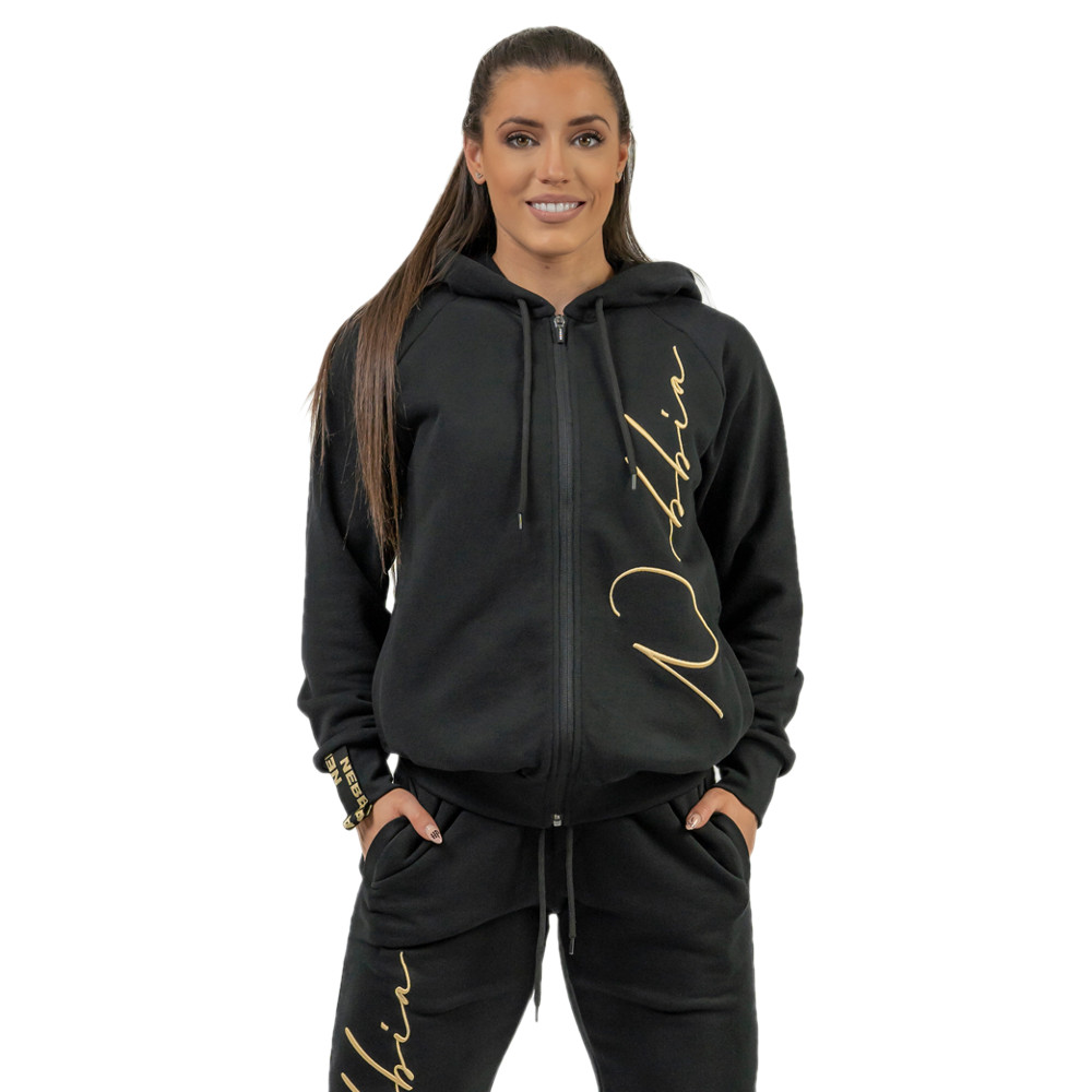 Női sportos melegítőfelső kapucnival Nebbia INTENSE Signature 845 XS fekete/arany