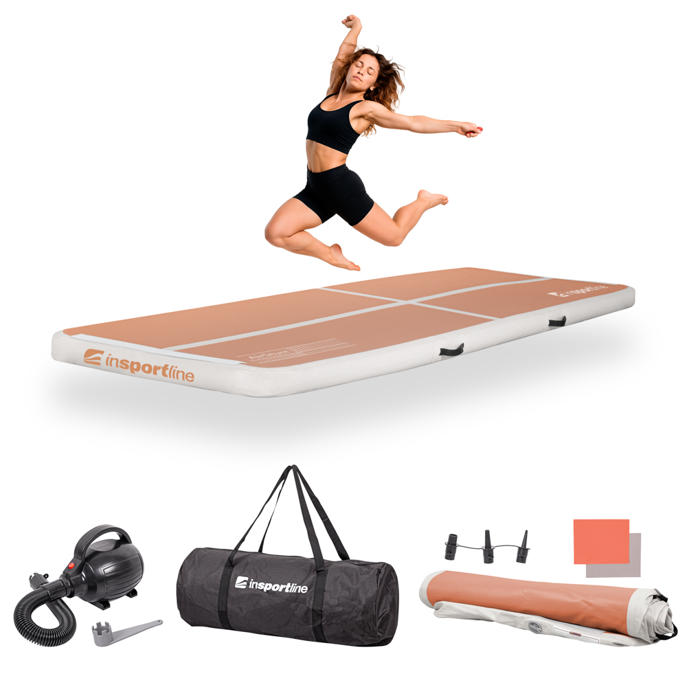 Airtrack tornaszőnyeg inSPORTline Airstunt 300x100x10 cm mocha mousse elektromos pumpával, erős és rugalmas anyag, megerősített varratokkal