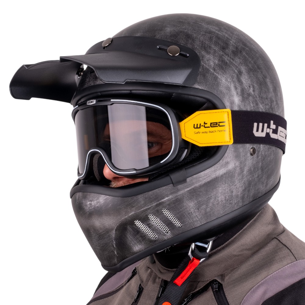 Bukósisak W-TEC Retron Chesster motoros szemüveggel csíkos ezüst XS (53-54) akciós termékkép 1