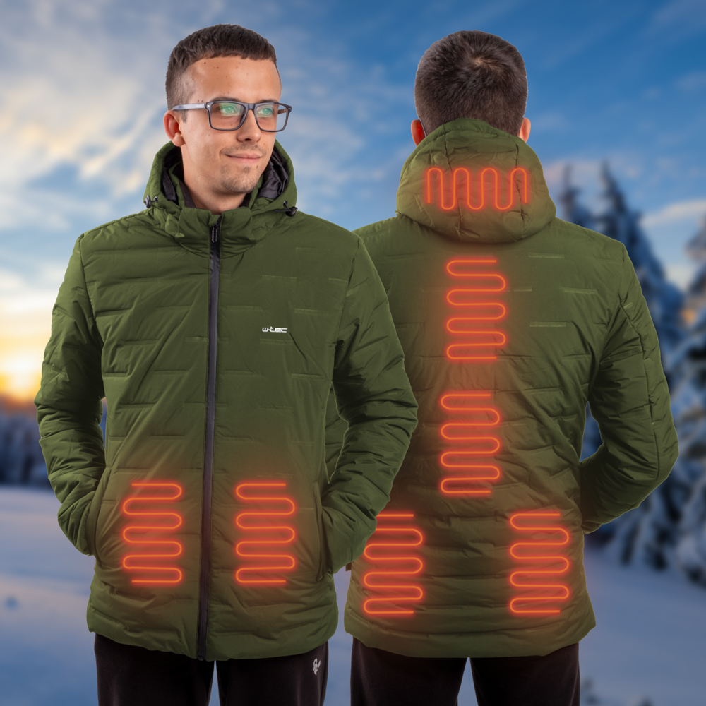 Fűthető kabát W-TEC HEATborg, integrált fűtéssel, karbonszálas fűtés, 7 zóna, 3 fokozatban állitható, súly 985g Khaki S