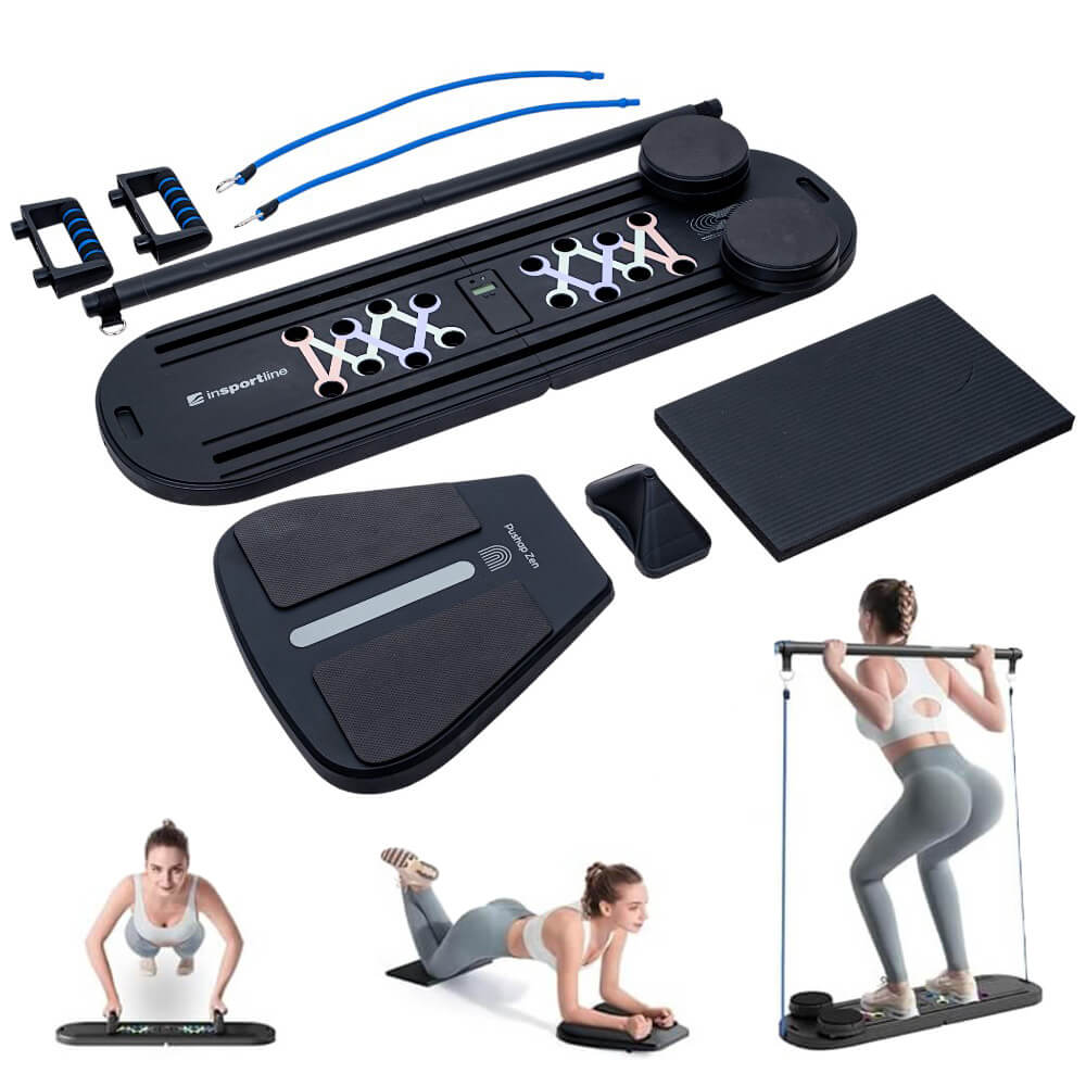 Multifunkcionális fekvőtámasz és pilates pad inSPORTline Pushap Zen, digitális számláló, csúszásmentes habszivacs fogantyúk, fémkarabiner