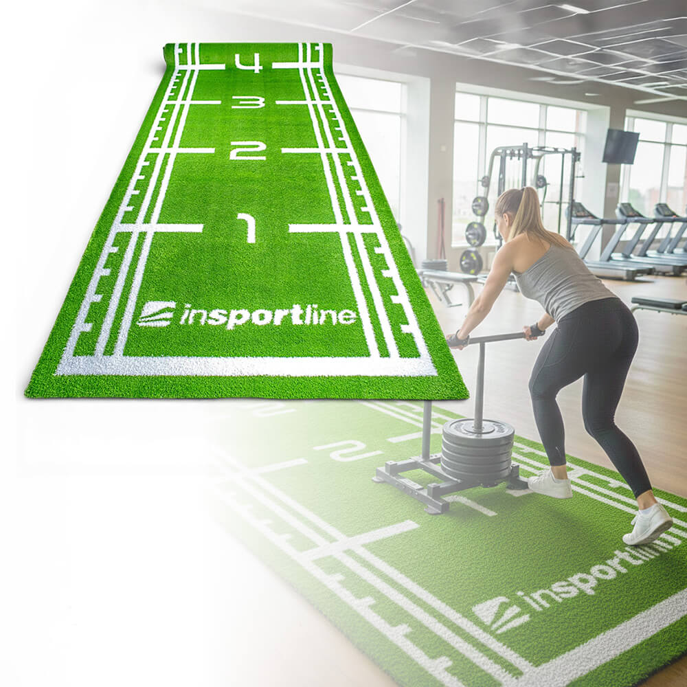 Fitness szőnyeg inSPORTline Graspet 10,2x2 m, csúszásmentes aljzat, numerikus skála, fehér jelölések, tartós anyag, ideális súlyszánkókhoz, 43 kg