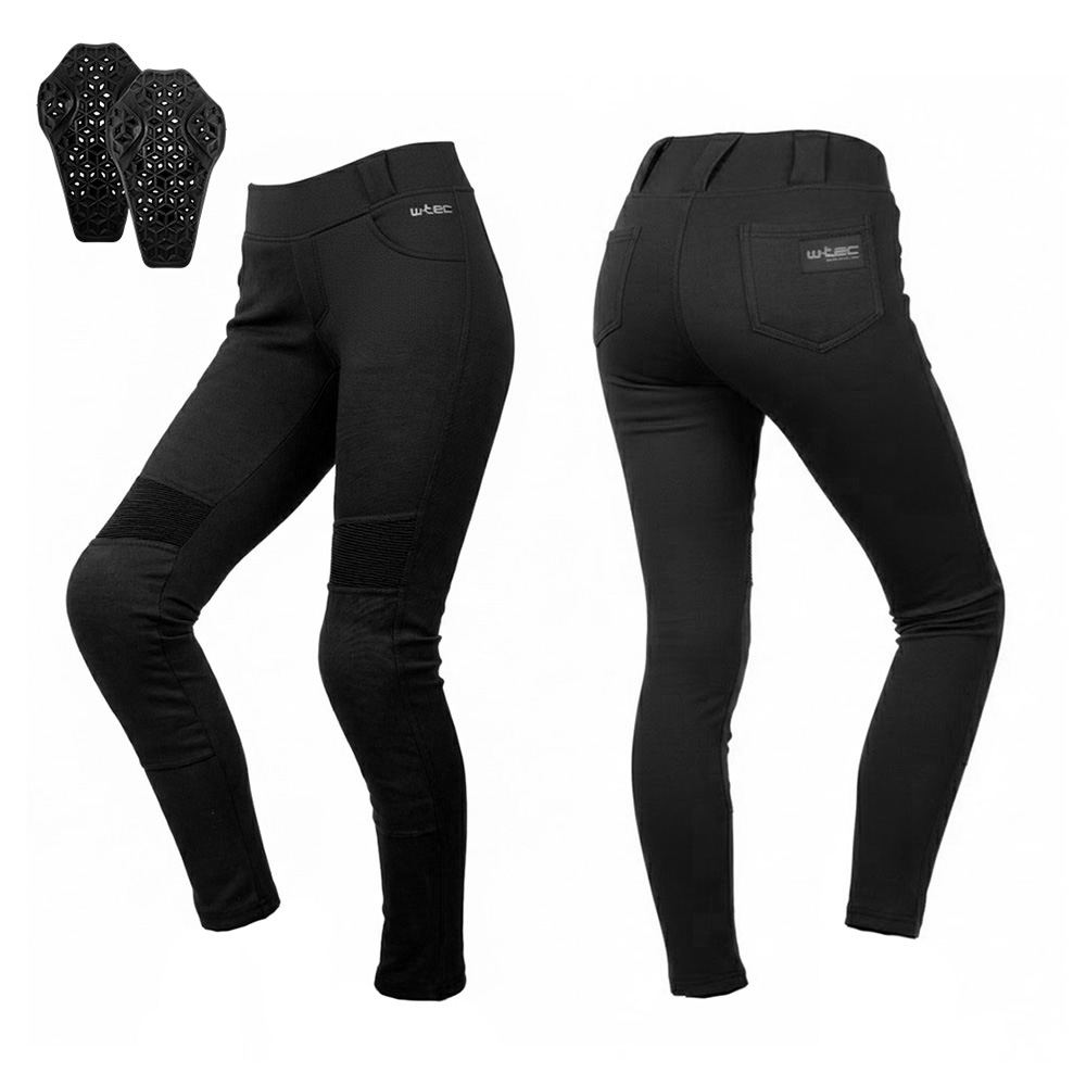 Női motoros leggings W-TEC Lukrecia Evo, sztreccs panelek, kopásálló aramid belső bélés, magas derékrésszel, testhezálló szabású fekete