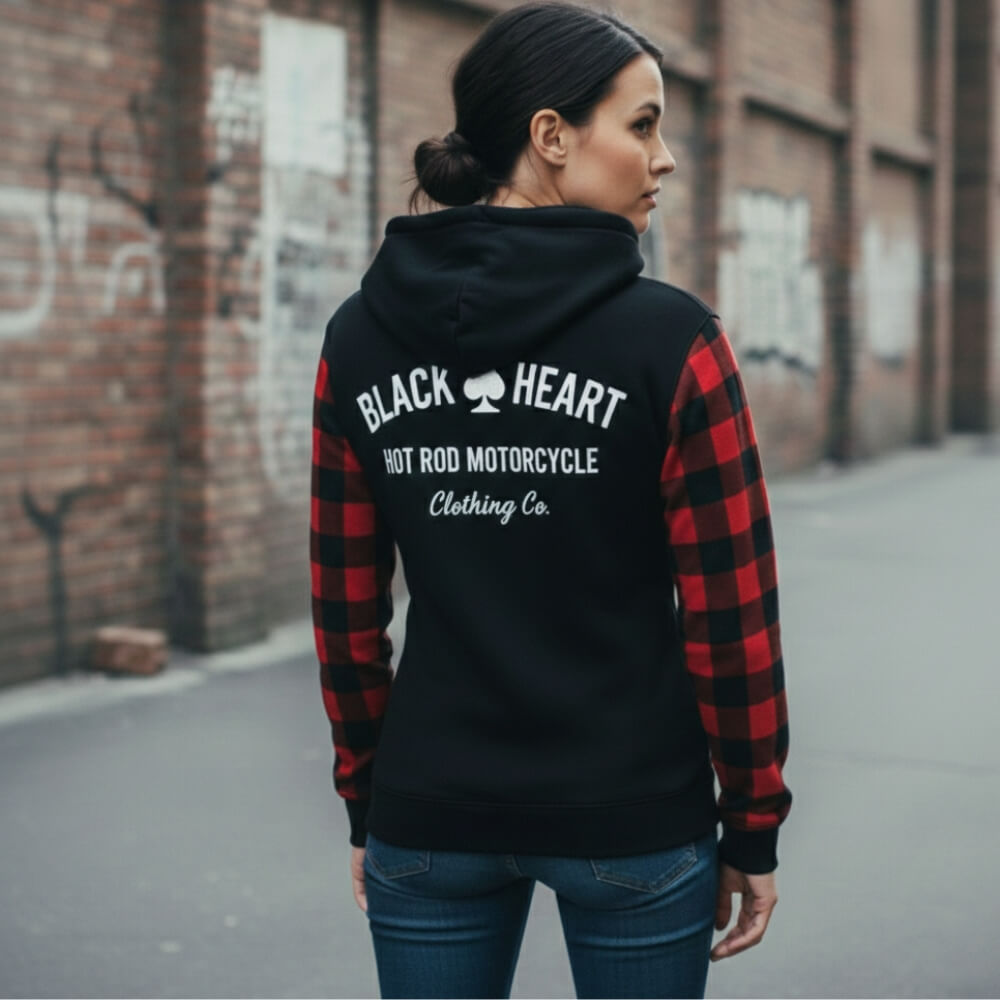 Női motoros kapucnis pulóver W-TEC Black Heart Ramforge, húzózsinóros kapucni, elasztikus kötött szegély, előkészítés hát-, váll- és könyökvédőhöz