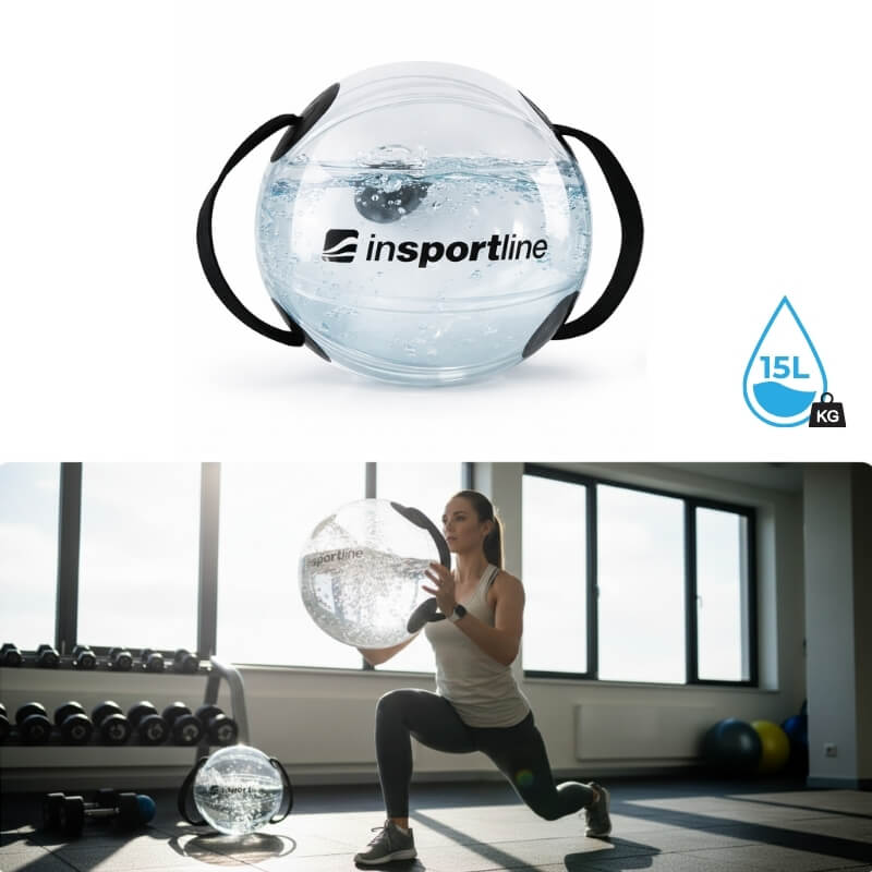 Vízzel tölthető súlylabda inSPORTline Flowball 30 cm / max. 15 kg, alkalmas beltéri és kültéri edzésre, praktikus pántok