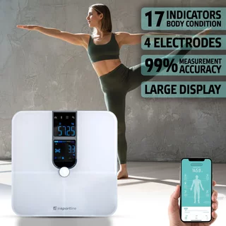 Intelligens személyi mérleg inSPORTline Syncale 100, könnyen olvasható kijelző, 17 különböző mérési mutató, akár 24 felhasználó - fehér