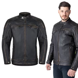 Bőr motoros kabát W-TEC Mungelli EVO, kivehető CE-védők, koptatott vintage stílus, steppelt panelek, puha kecskebőr - vintage fekete-barna