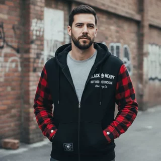 Motoros kapucnis pulóver W-TEC Black Heart Ramforge, húzózsinóros kapucni, elasztikus kötött szegély, előkészítés hát-, váll- és könyökvédőhöz - piros-fekete