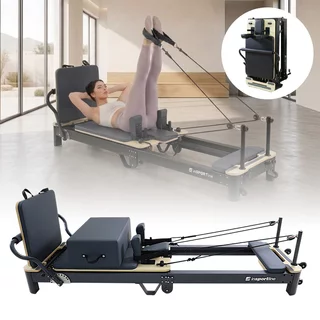 Pilates reformer inSPORTline Comfolder EVO, összecsukható szerkezet, 4 görgő a könnyű mozgatáshoz, karcolásálló váz, levehető háttámla, pilates doboz - antracit
