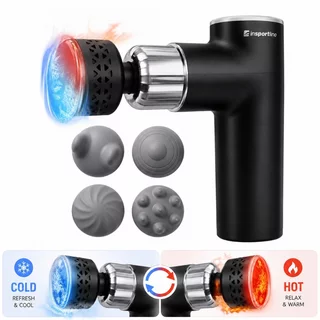 Hideg/meleg masszázspisztoly inSPORTline ChillFrost, 1800 mAh, 1600–2800 fordulat/perc, akár 6 mm lökethossz, 4 masszázsfej, 8 sebességfokozat