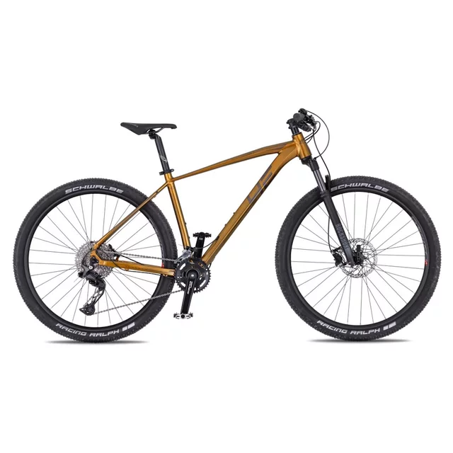 Hegyikerékpár 4EVER Firetrack 29'' 10.0, shimano tárcsafék, 29-es kerekek, 22 sebességfokozat, Schwalbe gumiabroncsok - gyöngyház fekete / hologram - sötét arany / vas