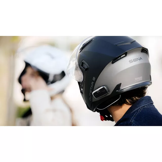 Motoros bukósisak headsettel SENA Outstar 2, Mesh Intercom 3.0, Wave Intercom, mikrométeres csat, második generációs HD hangszórók - fényes fehér