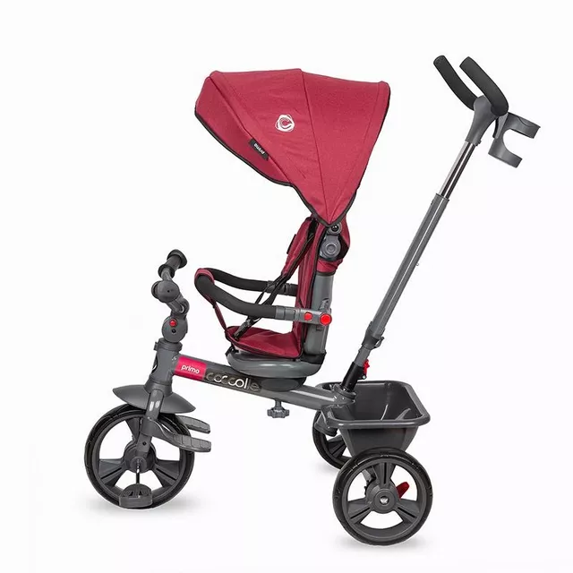Gyerek tricikli toló rúddal Coccolle Primo, EVA kerekek, fémváz, forgatható ülés, palacktartó, biztonságos fékrendszer, 2 féle lábtartó - Magenta