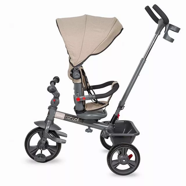 Gyerek tricikli toló rúddal Coccolle Primo, EVA kerekek, fémváz, forgatható ülés, palacktartó, biztonságos fékrendszer, 2 féle lábtartó - Magenta