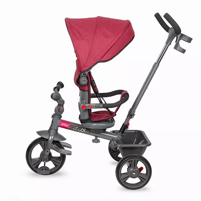 Gyerek tricikli toló rúddal Coccolle Primo, EVA kerekek, fémváz, forgatható ülés, palacktartó, biztonságos fékrendszer, 2 féle lábtartó - Magenta