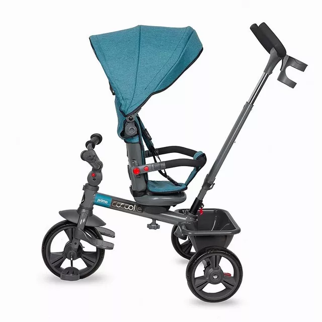 Gyerek tricikli toló rúddal Coccolle Primo, EVA kerekek, fémváz, forgatható ülés, palacktartó, biztonságos fékrendszer, 2 féle lábtartó - Magenta