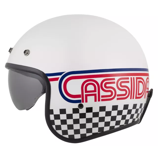 Motoros sisak Cassida Oxygen Rondo 2.0 gyöngyházfehér/piros/kék/fekete, polikarbonát héj, EPS polisztirol belső mag, napellenző