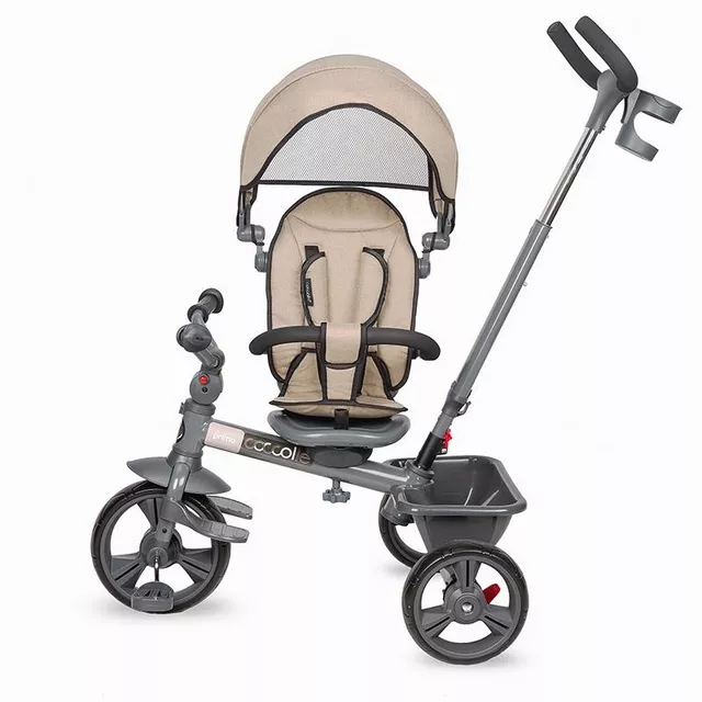 Gyerek tricikli toló rúddal Coccolle Primo, EVA kerekek, fémváz, forgatható ülés, palacktartó, biztonságos fékrendszer, 2 féle lábtartó - Magenta