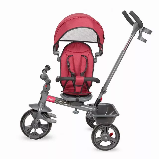 Gyerek tricikli toló rúddal Coccolle Primo, EVA kerekek, fémváz, forgatható ülés, palacktartó, biztonságos fékrendszer, 2 féle lábtartó - Magenta