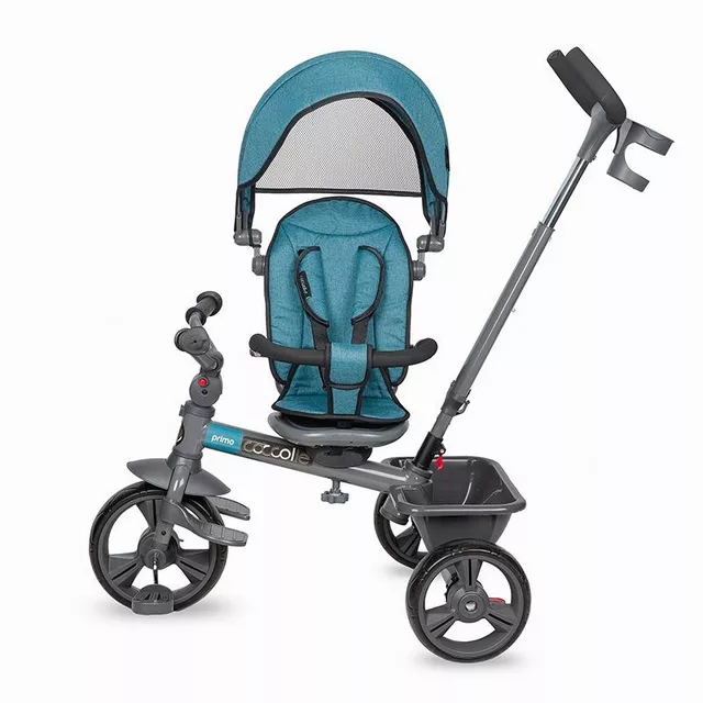 Gyerek tricikli toló rúddal Coccolle Primo, EVA kerekek, fémváz, forgatható ülés, palacktartó, biztonságos fékrendszer, 2 féle lábtartó - Magenta