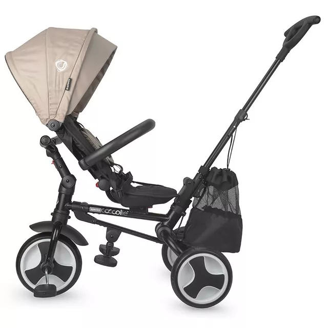 Gyerek tricikli toló rúddal Coccolle Spectra, EVA kerekek, forgatható ülés, fém váz, 2 féle lábtartó, megbízható fékrendszer, biztonsági övvel - szürkekő