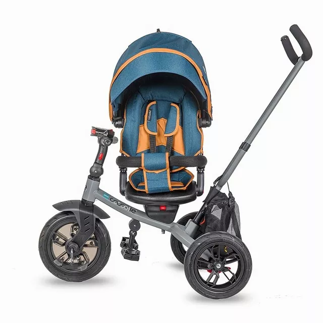 Gyerek tricikli toló rúddal Coccolle Pianti, EVA kerekek, forgatható ülés, fém váz, 2 féle lábtartó, biztonságos fékrendszer - Valódi Kék