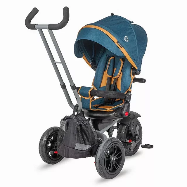 Gyerek tricikli toló rúddal Coccolle Pianti, EVA kerekek, forgatható ülés, fém váz, 2 féle lábtartó, biztonságos fékrendszer - Valódi Kék