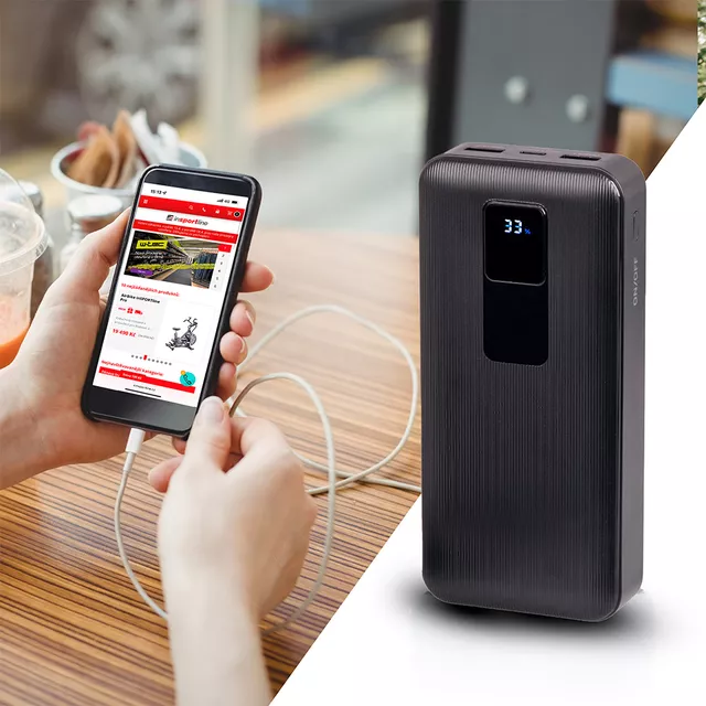Powerbank inSPORTline PowerTwenty 20000 mAh, 2x USB A, 1x USB C, LED kijelző,  410 g, gyorstöltés