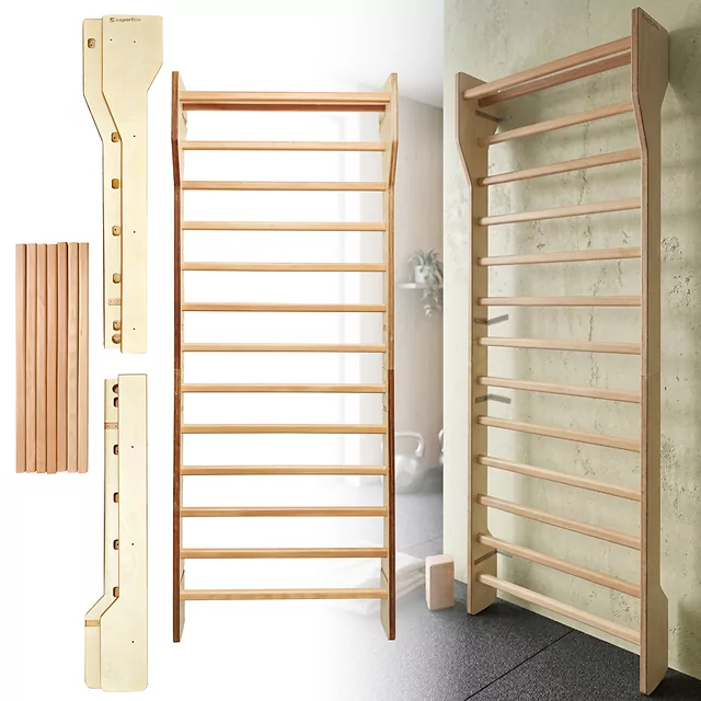 Bordásfal inSPORTline Shapemar 220x90 cm, nagyobb távolság a faltól, tömör bükkfa, 2 x lakkozott felület, tartozékok rögzítésének lehetősége