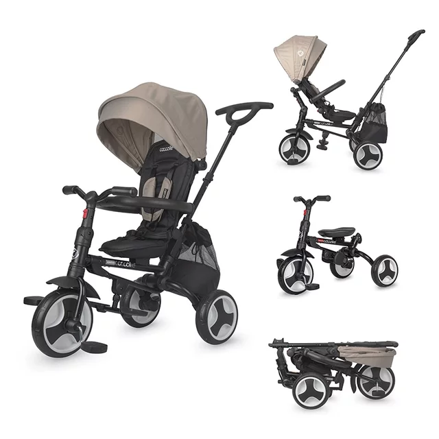 Gyerek tricikli toló rúddal Coccolle Spectra, EVA kerekek, forgatható ülés, fém váz, 2 féle lábtartó, megbízható fékrendszer, biztonsági övvel - szürkekő - szürkekő