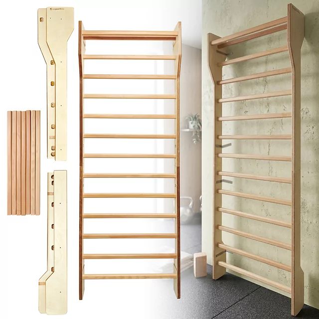 Bordásfal inSPORTline Shapemar 250x90 cm, nagyobb távolság a faltól, tömör bükkfa, 2 x lakkozott felület, tartozékok rögzítésének lehetősége