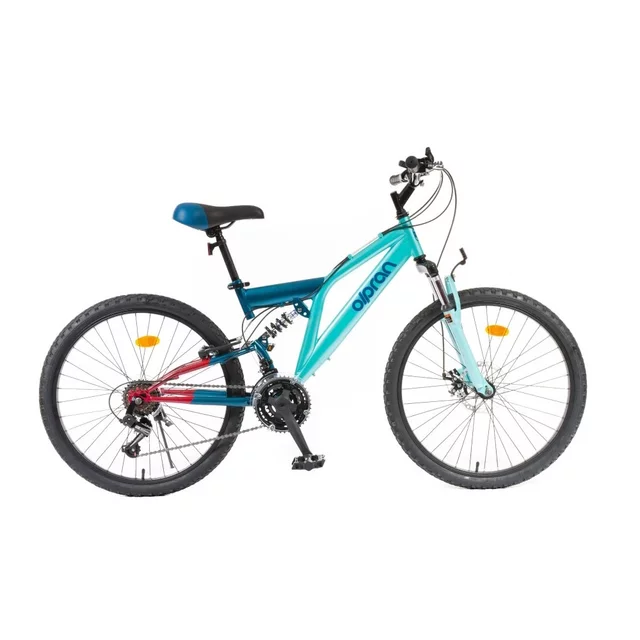 Könnyű junior összteleszkópos kerékpár Olpran Culex 24" - 2026, 150-165 cm, 14,6 kg, 18 sebességes karos váltó, praktikus biztonsági elem, acél váz - fekete/piros - kék/fekete