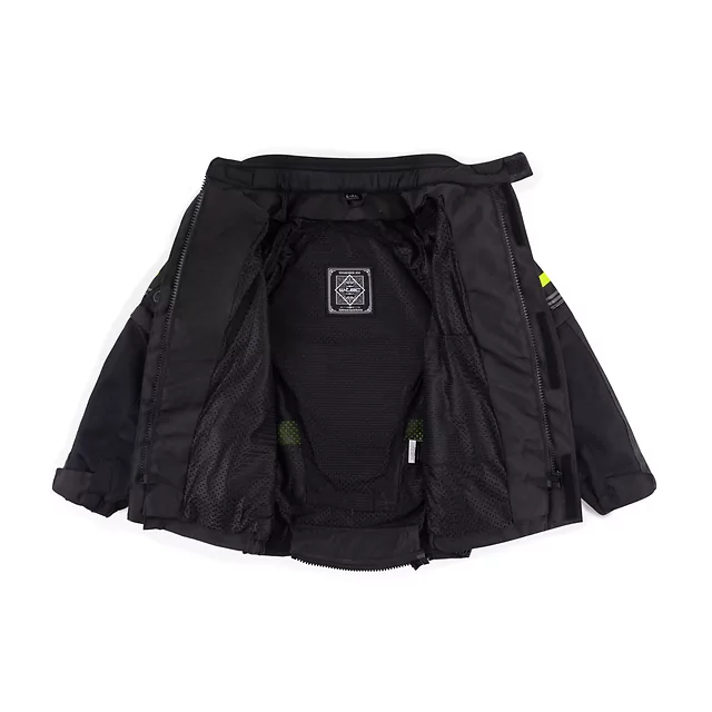 Gyerek motoros kabát W-TEC Pinapoco együtt nő a gyerekkel, fényvisszaverő elemek, előkészítés a hátvédőkhöz, kivehető megerősítések - fekete-fluo