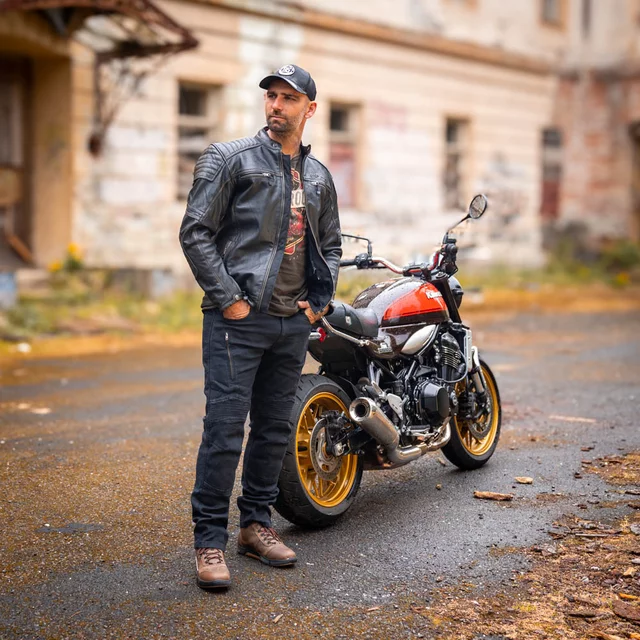 Bőr motoros kabát W-TEC Mungelli EVO, kivehető CE-védők, koptatott vintage stílus, steppelt panelek, puha kecskebőr - vintage fekete-barna