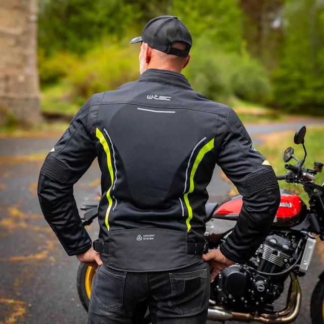 Férfi motoros kabát W-TEC Mirelio, kivehető rugalmas CE-védők, AirVent rendszer, tartós Maxdura® anyag, légáteresztő hálós bélés - fekete-fluo