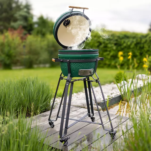 Kerámia kamado grill inSPORTline Pasionato 16", faszenes, kerámia, 116cm magas, BBQ grill, hőmérő, bomba izek, alacsony szénfogyasztás, kamado grill