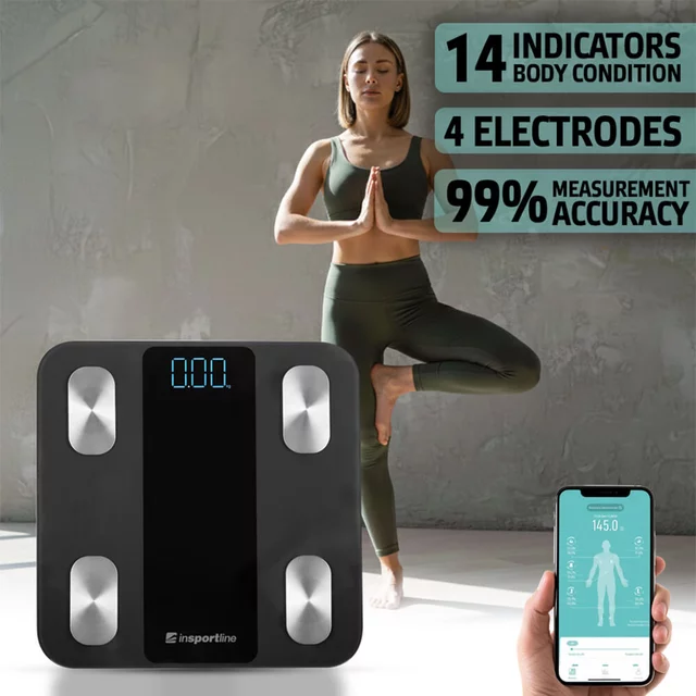 Intelligens személyi mérleg inSPORTline Syncale 20, LED kijelző, 14 különböző mérési érték, akár 24 felhasználó - fekete