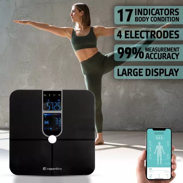 Intelligens személyi mérleg inSPORTline Syncale 100, könnyen olvasható kijelző, 17 különböző mérési mutató, akár 24 felhasználó - fekete - fekete