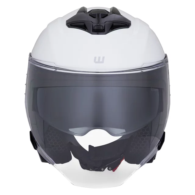 Motoros sisak W-TEC Voltik, aerodinamikusan kialakított héj, zárható szellőzőrendszer, Pinlock® 70 előkészítés, mikrometrikus csat zárással - fényes fehér