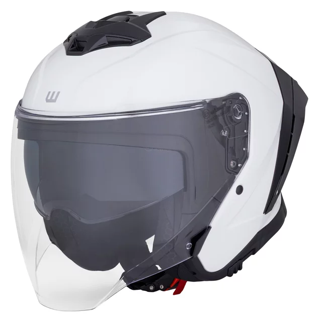 Motoros sisak W-TEC Voltik, aerodinamikusan kialakított héj, zárható szellőzőrendszer, Pinlock® 70 előkészítés, mikrometrikus csat zárással - fényes fehér - fényes fehér